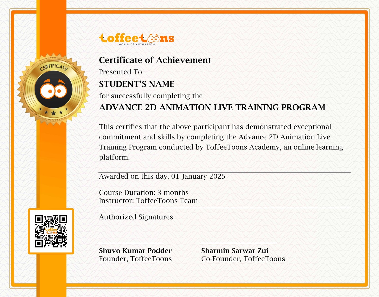 Certificate for Advance 2D Animation Live Training Program