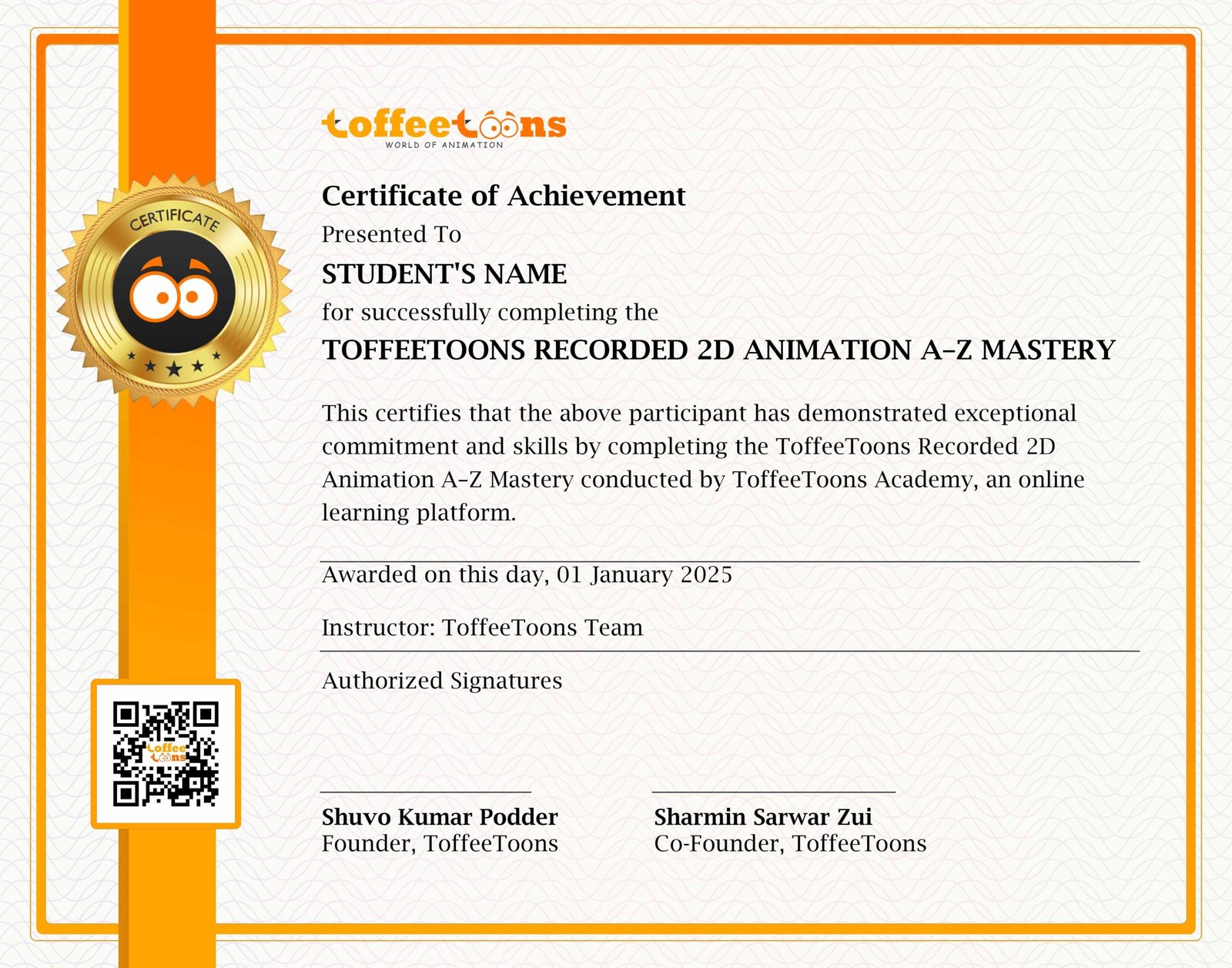 Certificate for ToffeeToons Recorded 2D Animation A-Z Mastery